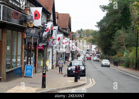 Chalfont St Peter, Buckinghamshire, Großbritannien. 11.. November 2022. Mohnblumen, damit wir nicht vergessen, Fahnen und bunte Erinnerungsfenster im Dorf Chalfont St. Peter. Quelle: Maureen McLean/Alamy Live News Stockfoto