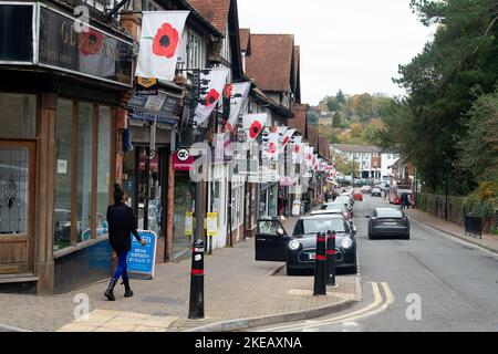 Chalfont St Peter, Buckinghamshire, Großbritannien. 11.. November 2022. Mohnblumen, damit wir nicht vergessen, Fahnen und bunte Erinnerungsfenster im Dorf Chalfont St. Peter. Quelle: Maureen McLean/Alamy Live News Stockfoto