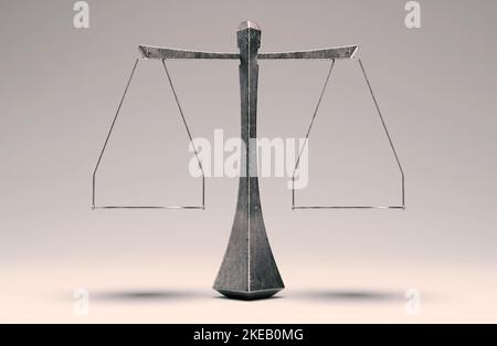 Eine moderne geometrische Gerechtigkeitsskala aus Metall, hinterleuchtet auf einem isolierten Hintergrund - 3D Render Stockfoto
