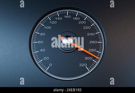 Ein normaler Auto-Tachometer mit einer orangefarbenen Nadel, die auf einem isolierten schwarzen Hintergrund auf eine hohe Geschwindigkeit zeigt - 3D Render Stockfoto