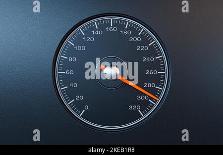 Ein normaler Auto-Tachometer mit einer orangefarbenen Nadel, die auf einem isolierten schwarzen Hintergrund auf eine hohe Geschwindigkeit zeigt - 3D Render Stockfoto