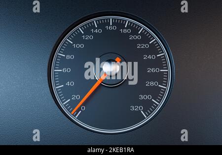 Ein normaler Auto-Tachometer mit einer orangefarbenen Nadel, die auf einem isolierten schwarzen Hintergrund auf eine langsame Geschwindigkeit zeigt - 3D Render Stockfoto