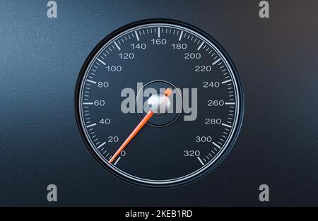 Ein normaler Auto-Tachometer mit einer orangefarbenen Nadel, die auf einem isolierten schwarzen Hintergrund auf eine langsame Geschwindigkeit zeigt - 3D Render Stockfoto