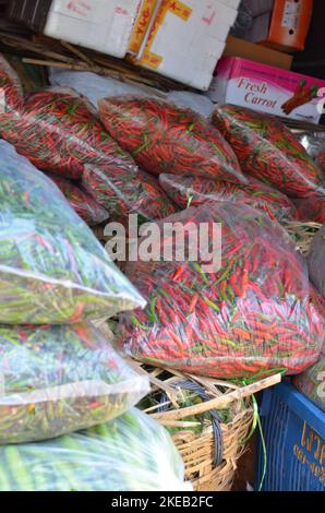 Getrocknete Chilis auf dem Markt in Bangkok Thailand Gewürze heiß rot Stockfoto