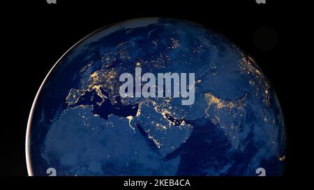 Erdkugel bei Nacht mit Stadtlichtern. Elemente dieses Bildes, die von der NASA eingerichtet wurden. Stockfoto