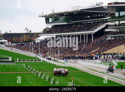 Läufer und Reiter in Aktion, wenn sie an der Behindertenhürde der Markel Insurance Conditional Jockeys am ersten Tag des November-Meetings auf der Cheltenham Racecourse teilnehmen. Bilddatum: Freitag, 11. November 2022. Stockfoto