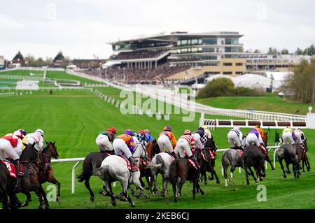 Läufer und Reiter in Aktion, wenn sie an der Behindertenhürde der Markel Insurance Conditional Jockeys am ersten Tag des November-Meetings auf der Cheltenham Racecourse teilnehmen. Bilddatum: Freitag, 11. November 2022. Stockfoto