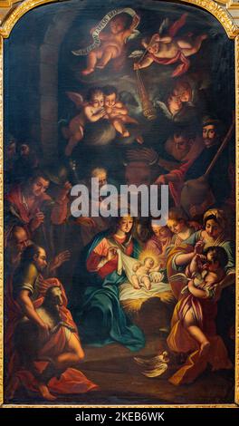 IVREA, ITALIEN - 15. JULI 2022: Das Gemälde der Geburt in der Kirche Chiesa di Sant Ulderico von Künstler Gaeta als Kopie von Sebastiano Conca. Stockfoto