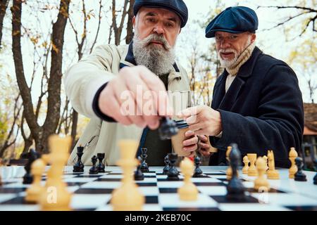 Porträt von zwei konzentrierten älteren Männern, die an einem Herbsttagaus im Park Schach spielen. Konzept der Freizeitgestaltung, alte Generation Stockfoto