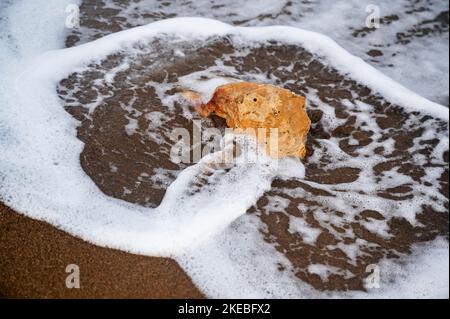 Stein, der am Sandstrand mit schaumigen Meerwasser überflutet ist. Stockfoto