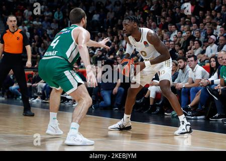 Jonah MATHEWS aus Lyon und Lukas LEKAVICIUS aus Zalgiris Kaunas während des Euroleague-Basketballspiels von Turkish Airlines zwischen LDLC ASVEL Villeurbanne und Zalgiris Kaunas am 10. November 2022 in Astroballe in Villeurbanne, Frankreich - Foto Romain Biard / Isports / DPPI Stockfoto