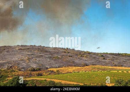 Intervention sur le lieu d'un incendie de forêt,Occitanien,Frankreich. Stockfoto