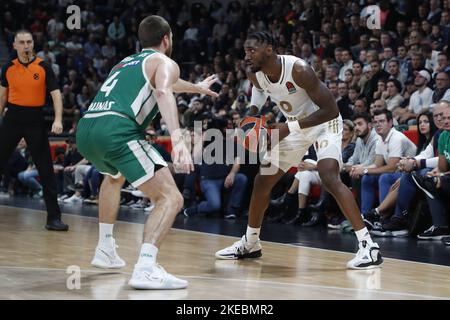 Villeurbanne, Frankreich - 10/11/2022, Jonah MATHEWS aus Lyon und Lukas LEKAVICIUS aus Zalgiris Kaunas während des Euroleague-Basketballspiels von Turkish Airlines zwischen LDLC ASVEL Villeurbanne und Zalgiris Kaunas am 10. November 2022 in Astroballe in Villeurbanne, Frankreich - Foto: Romain Biard/DPPI/LiveMedia Stockfoto