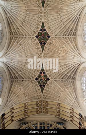 Blick auf die gewölbte Decke im Kirchenschiff der Abtei Bath, Abbey Church of Saint Peter and Saint Paul, Bath UK Stockfoto