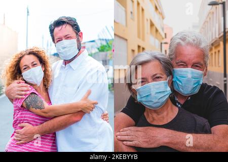 Collage von zwei Paaren von Menschen, die Maske auf ihren Gesichtern tragen, um Covid-19 oder Coronavirus oder irgendein Virus und Krankheit zu verhindern - ältere und reife verliebte Menschen Stockfoto