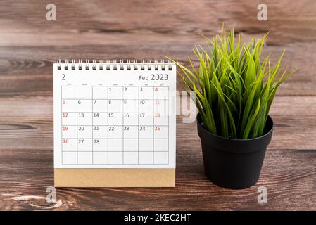 Februar 2023 Kalender auf Holzhintergrund mit grüner Topfpflanze Stockfoto