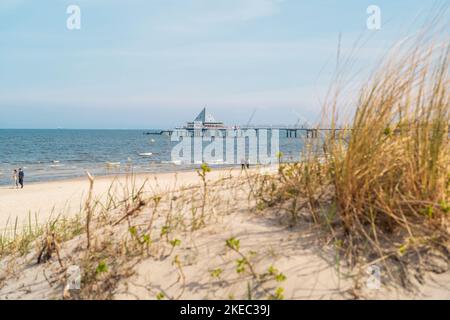 Ostseestrand Kaiserbad Heringsdorf mit Seebrücke tagsüber im Sommer. Stockfoto