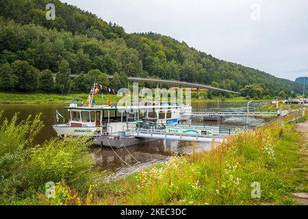 Elbdampfer bei Bad Schandau in der Sächsischen Schweiz im Sommer tagsüber. Stockfoto