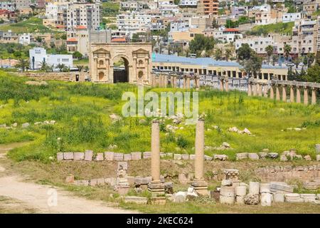 Eine Luftaufnahme von Nymphaeum in der römischen Stadt Gerasa, voreingestellter Tag Jerash in Jordanien. Stockfoto