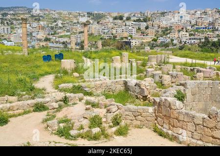 Eine Luftaufnahme von Nymphaeum in der römischen Stadt Gerasa, voreingestellter Tag Jerash in Jordanien. Stockfoto