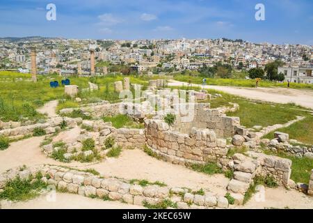 Eine Luftaufnahme von Nymphaeum in der römischen Stadt Gerasa, voreingestellter Tag Jerash in Jordanien. Stockfoto