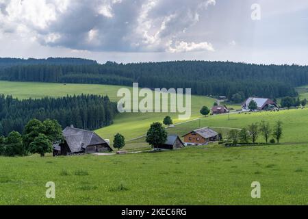 Europa, Deutschland, Süddeutschland, Baden-Württemberg, Schwarzwald, Blick von Doldenbühl über die malerischen Schwarzwälder Bauernhöfe bei Thurner Stockfoto