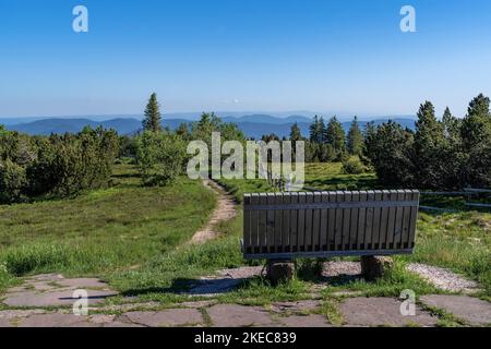 Europa, Deutschland, Süddeutschland, Baden-Württemberg, Schwarzwald, Holzbank auf dem Schliffkopf Stockfoto