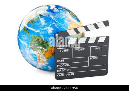 Klappbrett mit Erdkugel. World Cinema Concept, 3D Rendering isoliert auf weißem Hintergrund Stockfoto