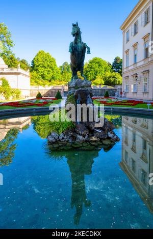Pegasus-Bronzeskulptur vor dem Schloss im Mirabellgarten in Salzburg, Österreich, Europa Stockfoto