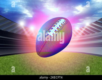 Glühender American Football Ball in einem Sportstadion oder Sportplatz als Mannschaftsturnier in einer Arena für den Spielwettbewerb als Illustration aus dem Jahr 3D Stockfoto