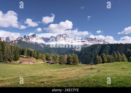 Das Rosengarten-Massiv von Wuhnleger aus gesehen Stockfoto