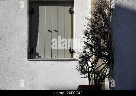 Traditionelles ländliches Haus, hellgraue Fensterläden aus Holz auf einer weiß getünchten strukturierten Wand. Stockfoto