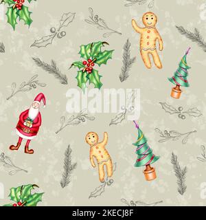 Weihnachtsmuster mit handgezeichneten Dekorationen, darunter einige Bäume, Lebkuchenmänner, weihnachtsmann und Stechpalme. Digitale Illustration. Stockfoto