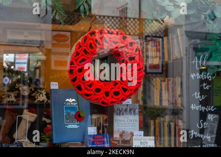 Chesham, Buckinghamshire. VEREINIGTES KÖNIGREICH. 11. November 2022. Eine farbenfrohe Erinnerungsdarstellung in einem Buchladen-Fenster in Chesham. Quelle: Maureen McLean/Alamy Live News Stockfoto