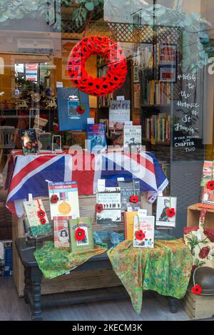 Chesham, Buckinghamshire. VEREINIGTES KÖNIGREICH. 11. November 2022. Eine farbenfrohe Erinnerungsdarstellung in einem Buchladen-Fenster in Chesham. Quelle: Maureen McLean/Alamy Live News Stockfoto