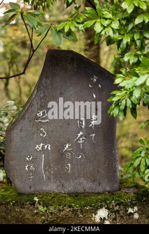 Eine vertikale Aufnahme eines Steins mit japanischer Schrift in einem Garten, der von Grün umgeben ist Stockfoto