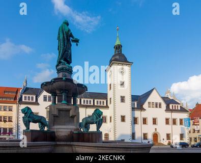 Freiberg, Obermarkt, Rathaus, Brunnen in Sachsen, Sachsen, Deutschland Stockfoto