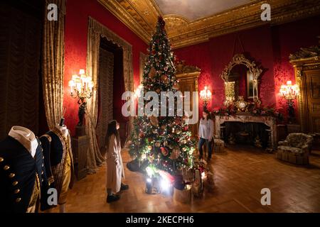 Die Menschen sehen den Weihnachtsbaum und die Dekorationen im Red Drawing Room im Waddeson Manor während eines Fotoanrufs zu „Weihnachten im Waddesdon Manor“ in Aylesbury, Buckinghamshire, der Lichter und Musik im Herrenhaus und in den Gärten umfassen wird. Bilddatum: Freitag, 11. November 2022. Stockfoto