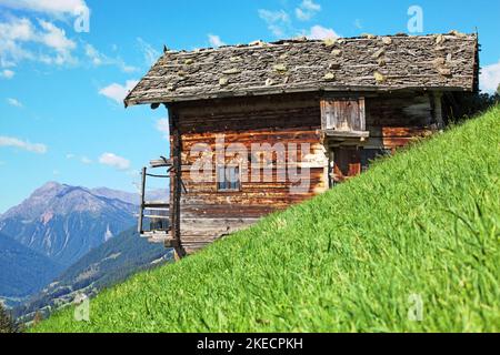 Berghof am steilen Berghang in den Bergwiesen im Südtiroler Ultental Stockfoto