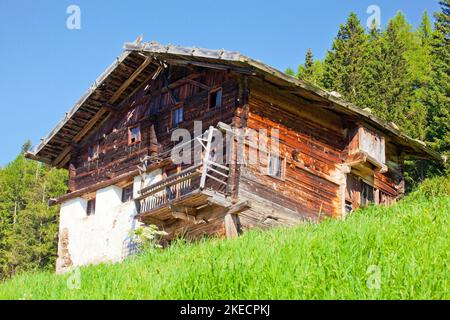 Berghof am steilen Berghang in den Bergwiesen im Südtiroler Ultental Stockfoto