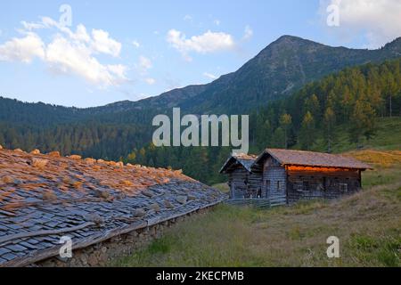 Abend auf der Spitzner Alm im Ultner Tal, Südtirol Stockfoto