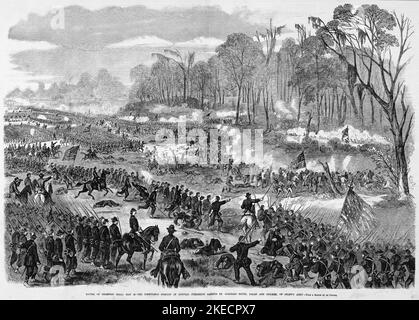 Schlacht am Champion Hill, 16.. Mai 1863 - die beeindruckende Position von General John Clifford Pemberton, die von den Generälen Alvin Peterson Hovey, John Alexander Logan und Marcellus Monroe Crocker aus der Armee von Ulysses S. Grant getragen wurde. Illustration des amerikanischen Bürgerkriegs des 19.. Jahrhunderts aus Frank Leslie's Illustrated Newspaper Stockfoto