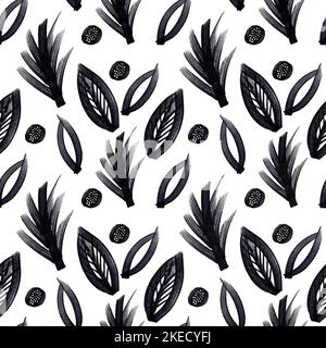 Handgezeichnetes Nahtloses Schwarz-Weiß-Muster mit floralen Motiven Stockfoto
