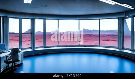 Forschungsstation auf dem Planeten Mars, Habitatraum mit Blick auf die marsoberfläche Stockfoto