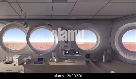 Habitat auf dem Planeten Mars, Raum der Forschungsstation mit Blick auf die landschaft des mars Stockfoto