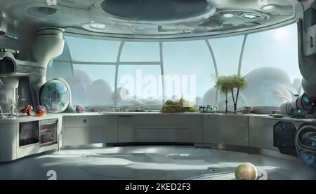 Futuristische Küche, Science-Fiction-Raum mit Blick auf eine außerirdische Landschaft Stockfoto