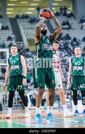 Athen, Lombardei, Griechenland. 12.. November 2022. 8 DERRICK WILLIAMS.of Panathinaikos während der Euroleague, Runde 7, Spiel zwischen Panathinaikos Athens und Cazoo Baskonia im OAKA Stadium am 11. November 2022 in Athen, Griechenland. (Bild: © Stefanos Kyriazis/ZUMA Press Wire) Stockfoto