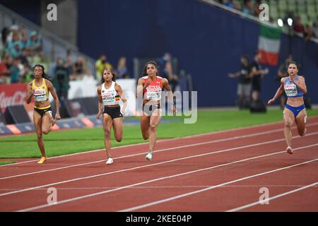Mujinga Kambundji, Delphine Nkansa, Tatjana Pinto, Diana Vaisman. 100m Frauen Halbfinale. Europameisterschaften München 2022 Stockfoto