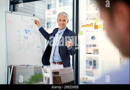 Ihre Pläne sind narrensicher: Ein Geschäftsmann, der einem Kollegen in einem Büro eine Präsentation gibt. Stockfoto