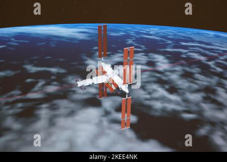 Peking, China. 12.. November 2022. (221112) -- PEKING, 12. November 2022 (Xinhua) -- Dieses simulierte Bild, das am 12. November 2022 im Beijing Aerospace Control Center aufgenommen wurde, zeigt, dass Chinas Frachtraum Tianzhou-5 ein schnelles automatisiertes Rendezvous durchgeführt und mit der Kombination der Raumstation Tiangong angedockt hat. Quelle: Xinhua/Alamy Live News Stockfoto